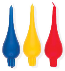 blue, yellow, and red tear drop candle